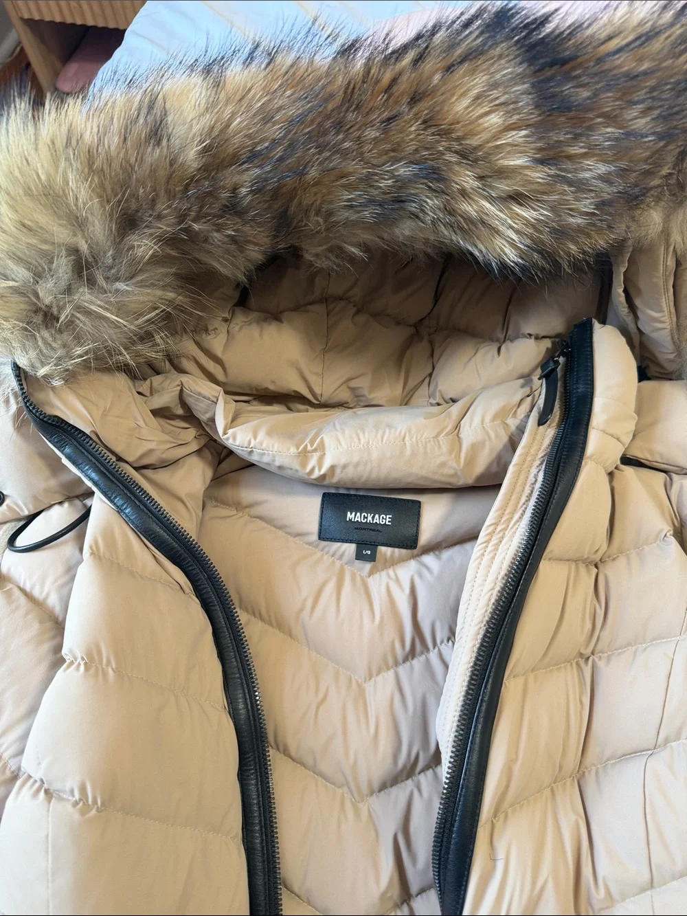 Mackage Women's Beige Quilted Puffer Coat with Faux-Fur Hood